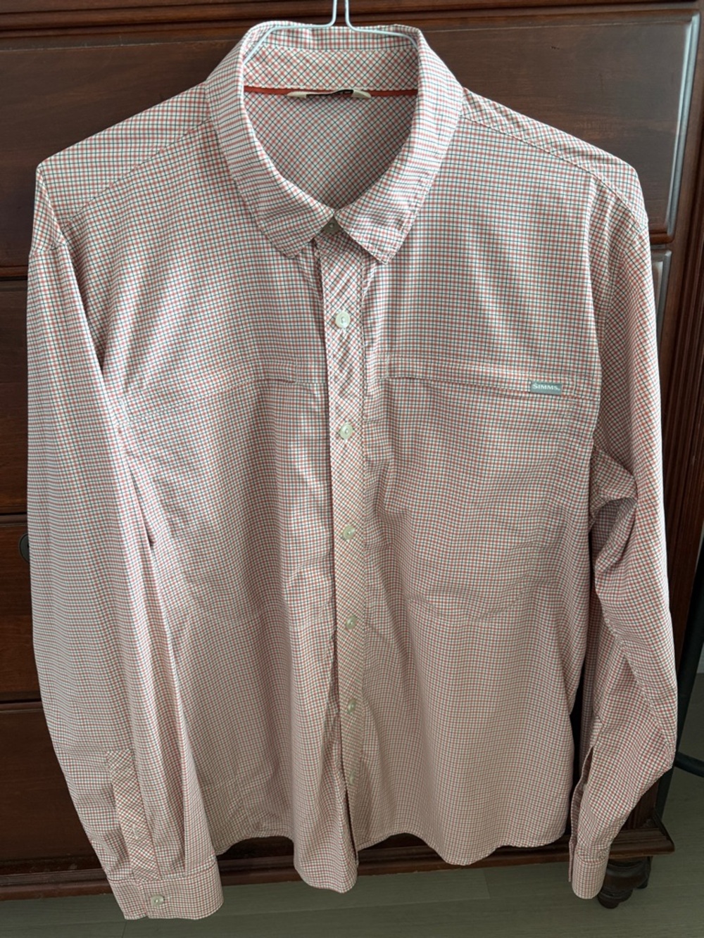 Simms Red and White Microcheck Long-Sleeve Button performance sun Shirt